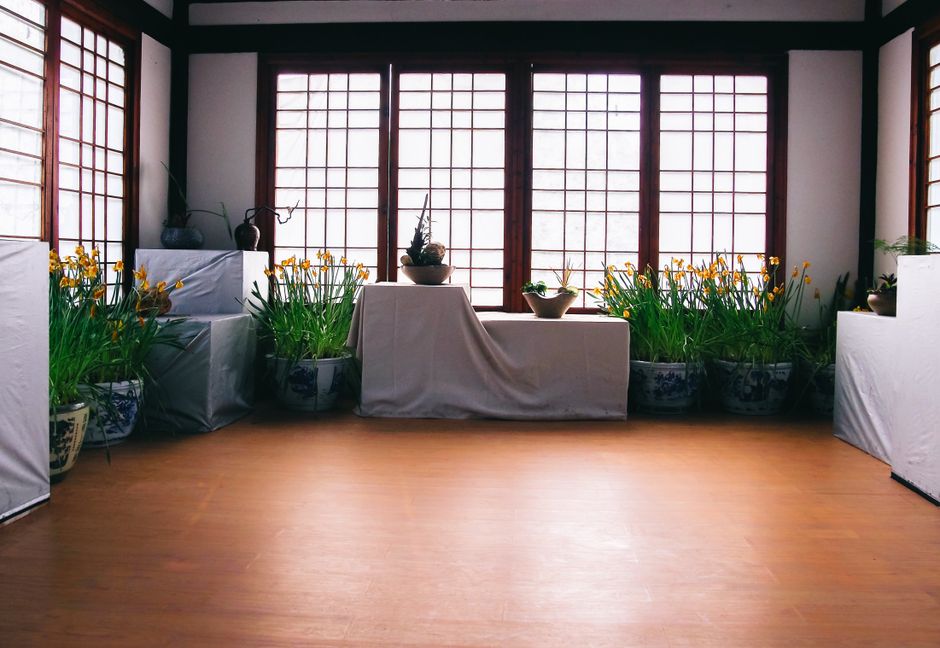 Zen woonkamer met houten meubels en groene planten